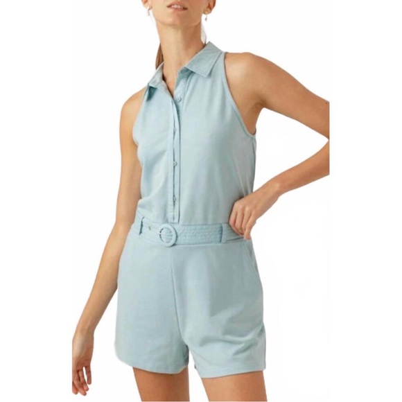 sundays Pants - SUNDAYS | NEW Lina Sleeveless Collared Romper in Aqua with Belt Women’s Size S